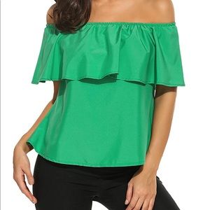 NWOT Green Ruffle Off the Shoulder Top
